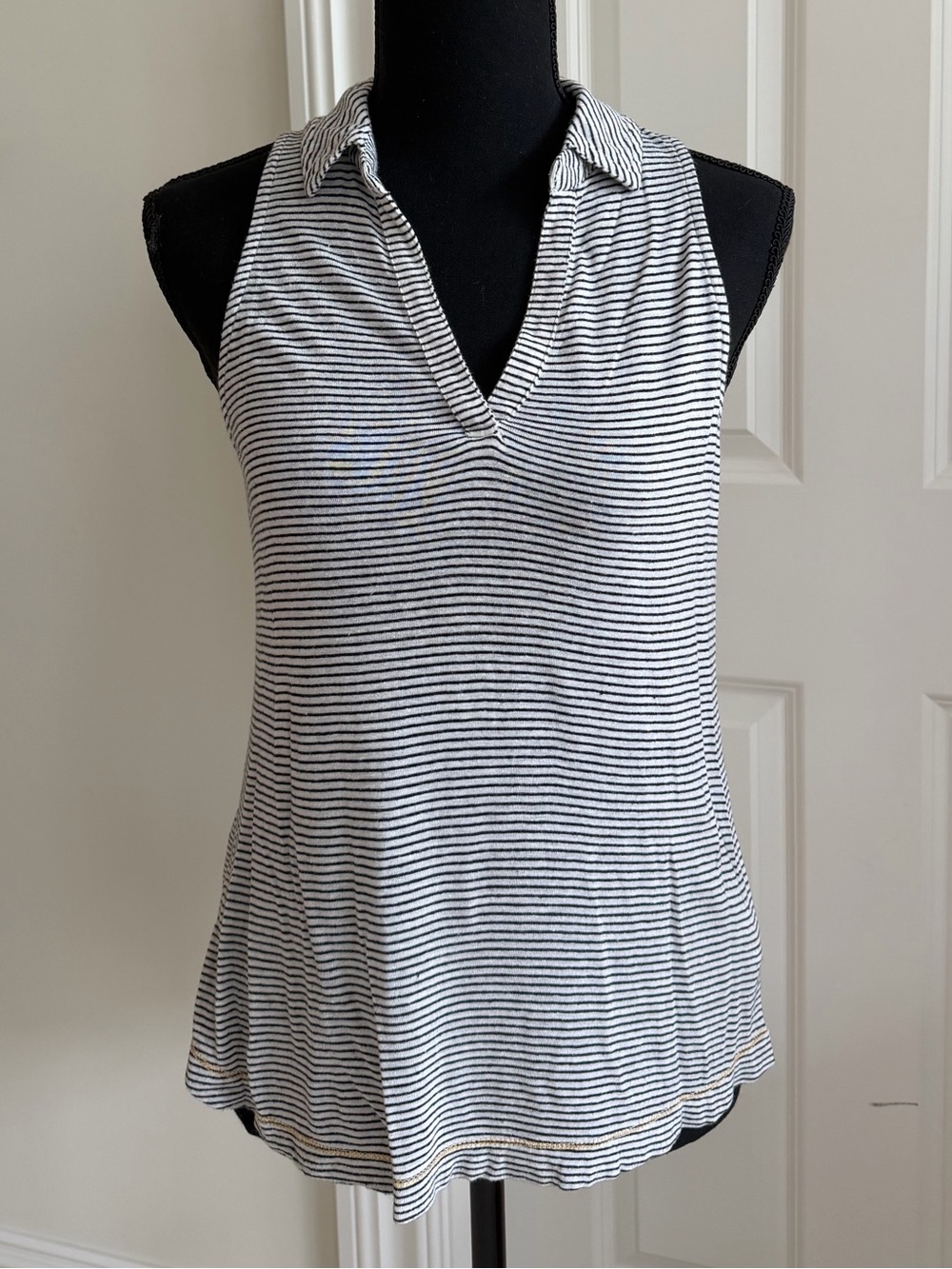 Maeve Sleeveless Striped Polo Tank, Black & White, XS